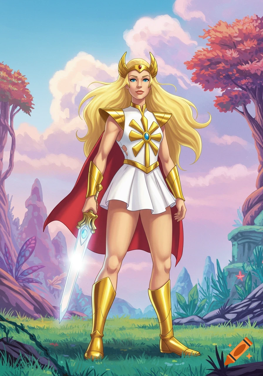 She-Ra stands with a glowing sword in a vibrant fantasy landscape under a cloudy sky.