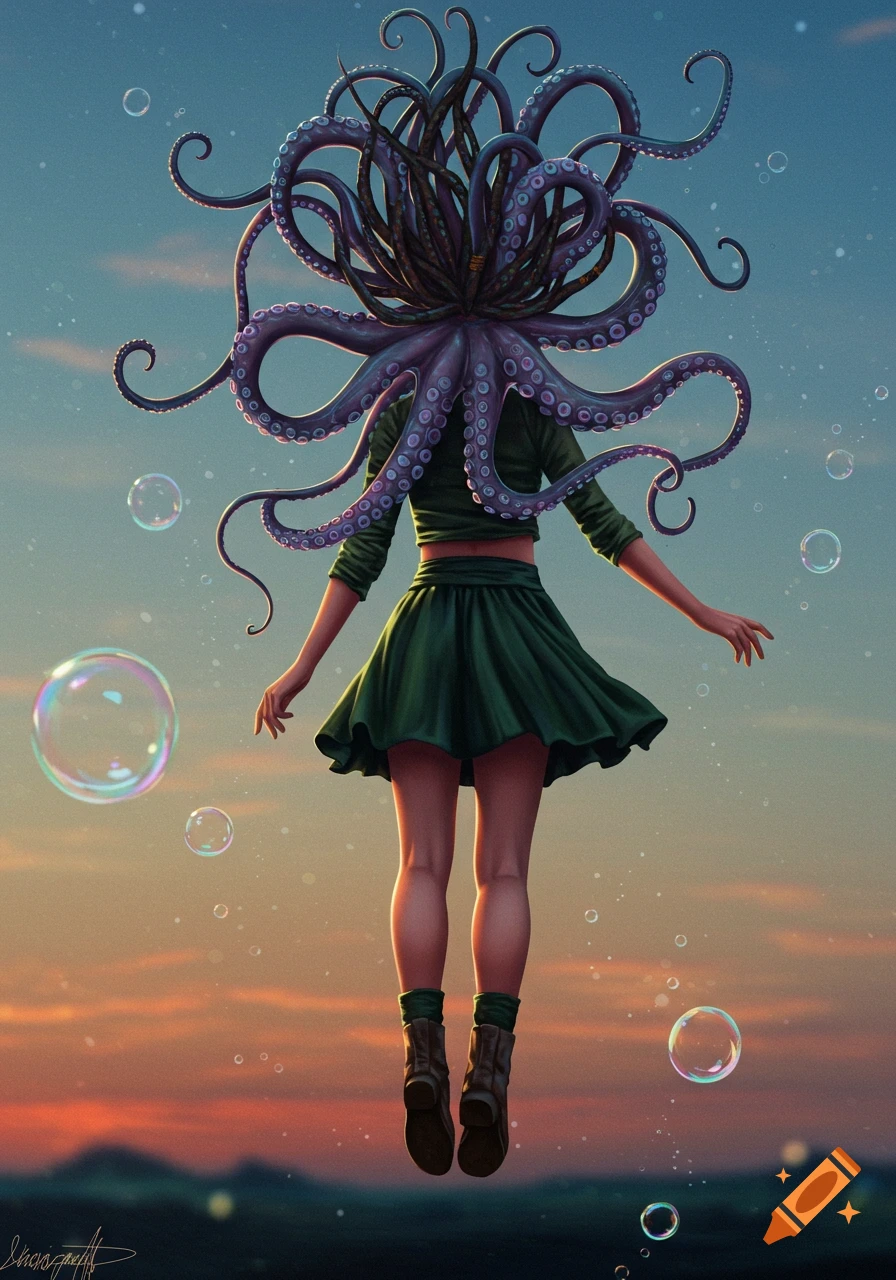 Levitating girl from behind with purple octopus tentacles for hair, green outfit, and brown boots, floating among bubbles against a sunset sky.