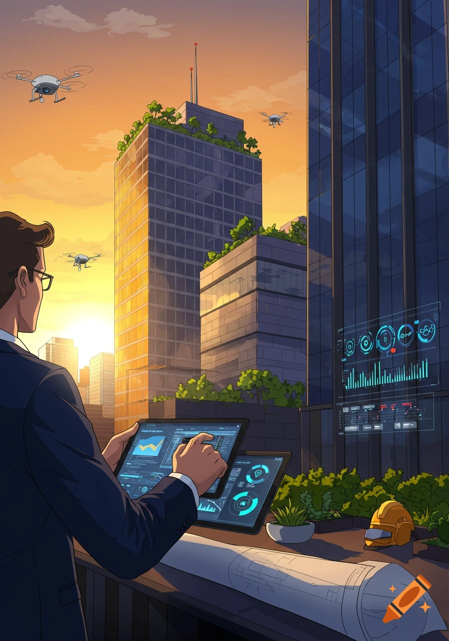 Illustrated man on a city balcony at sunset, using tablets with data while drones fly around tall buildings.