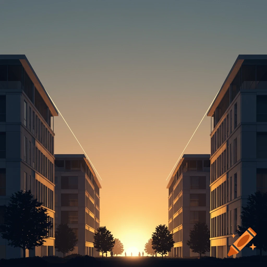 Minimalist urban landscape with silhouetted buildings and trees framing a bright sunrise or sunset, with small figures in the distance.