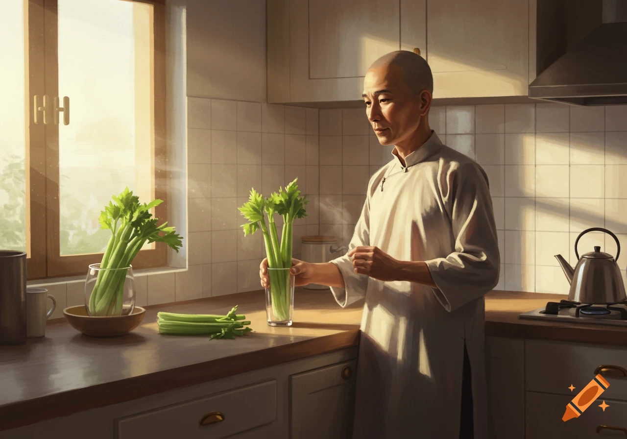 A bald man in traditional attire holding celery in a sunlit kitchen, painted in a soft, illustrative style.