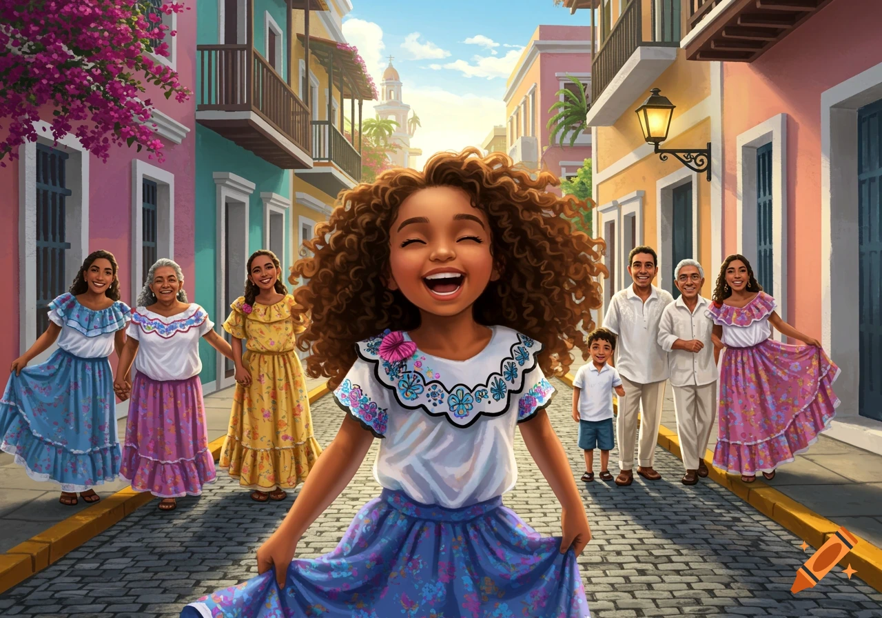 A vibrant illustration of a happy girl in a colorful dress smiling broadly on a cobblestone street, with her family and colorful buildings in the background.