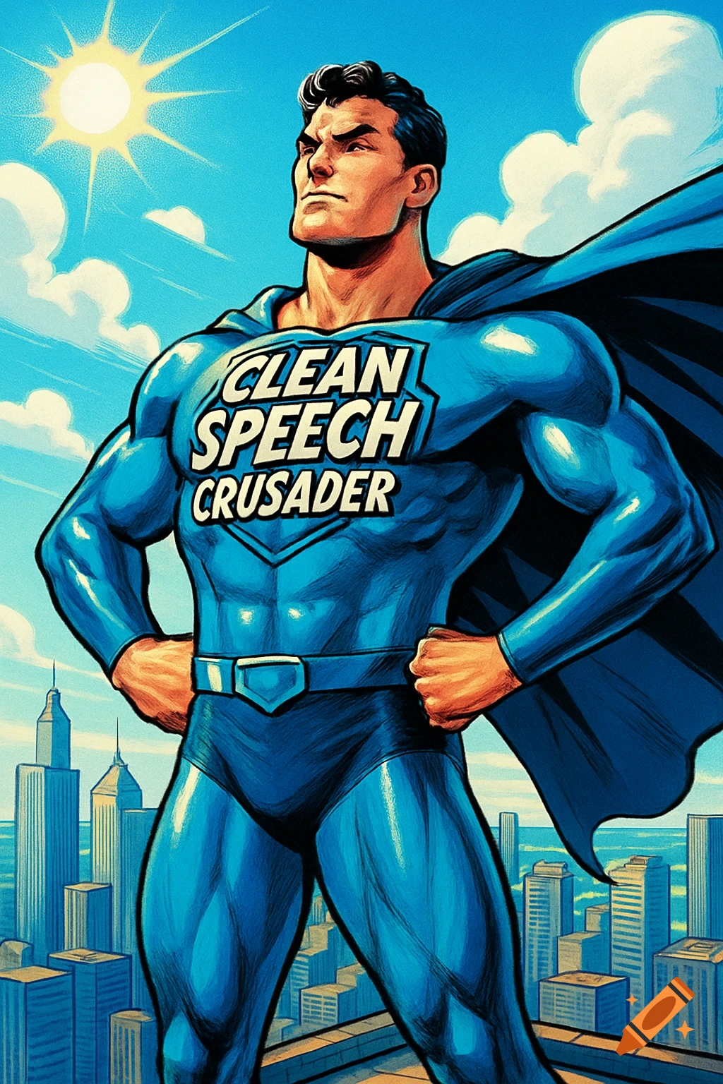 Muscular superhero in a blue suit and cape, with 'CLEAN SPEECH CRUSADER' on his chest, stands over a city skyline in a comic book style.
