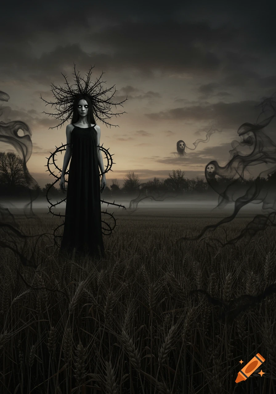 A ghostly woman with blank eyes, a thorny crown, and thorny vines stands in a dark field as smoky, spectral faces float in the gloomy sky.