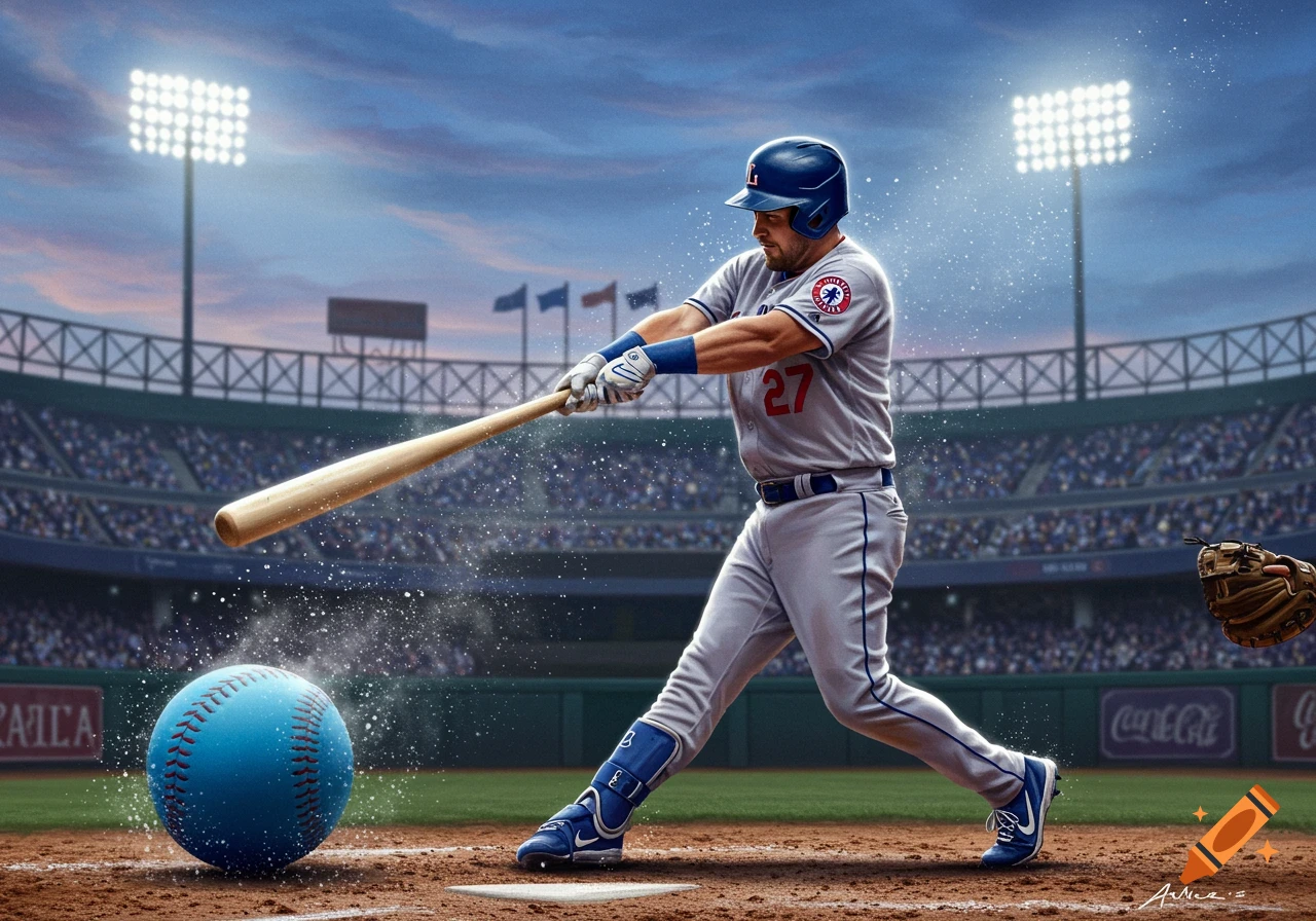 A stylized baseball player in a gray uniform with blue accents swings a bat at a large blue baseball on a dirt field in a stadium under stadium lights at dusk.
