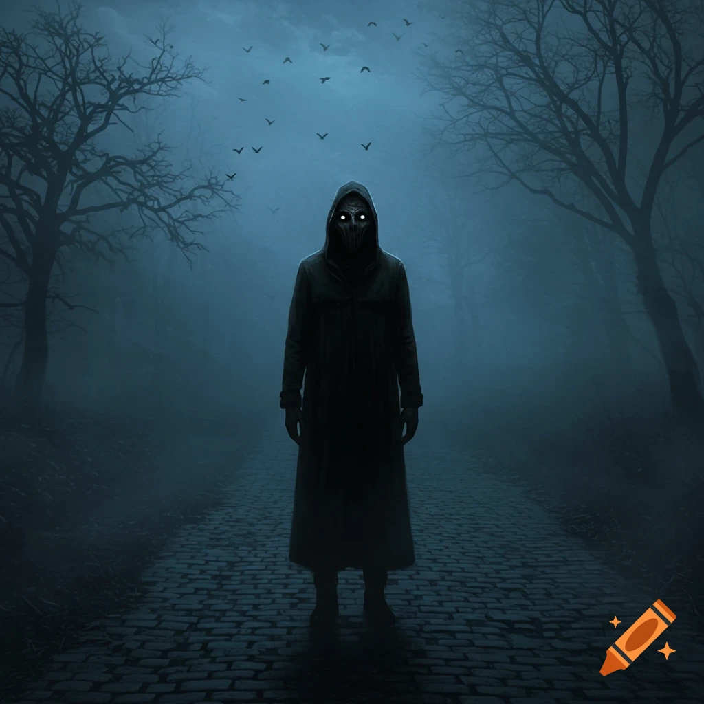 A masked figure with glowing eyes stands on a cobblestone path in a dark, foggy forest with bare trees.