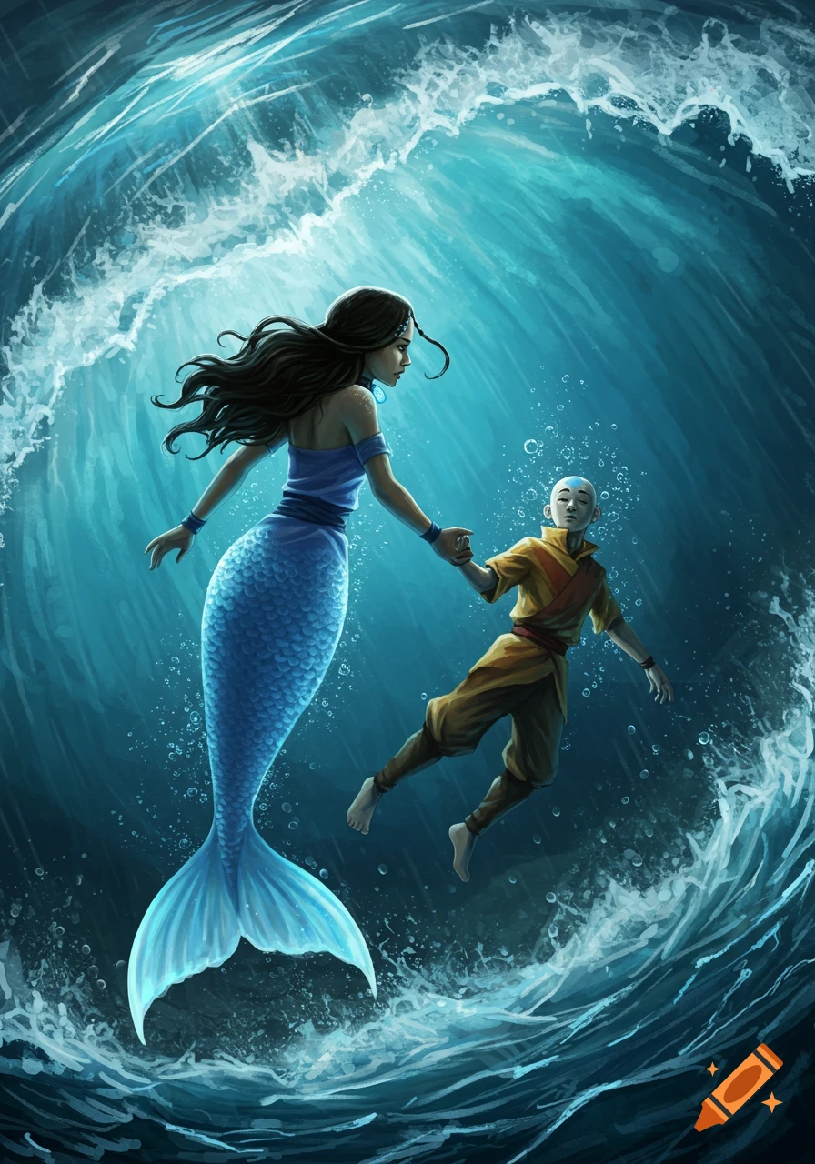 Illustrative fantasy art of a mermaid pulling a barely conscious Aang through treacherous blue water towards the surface.