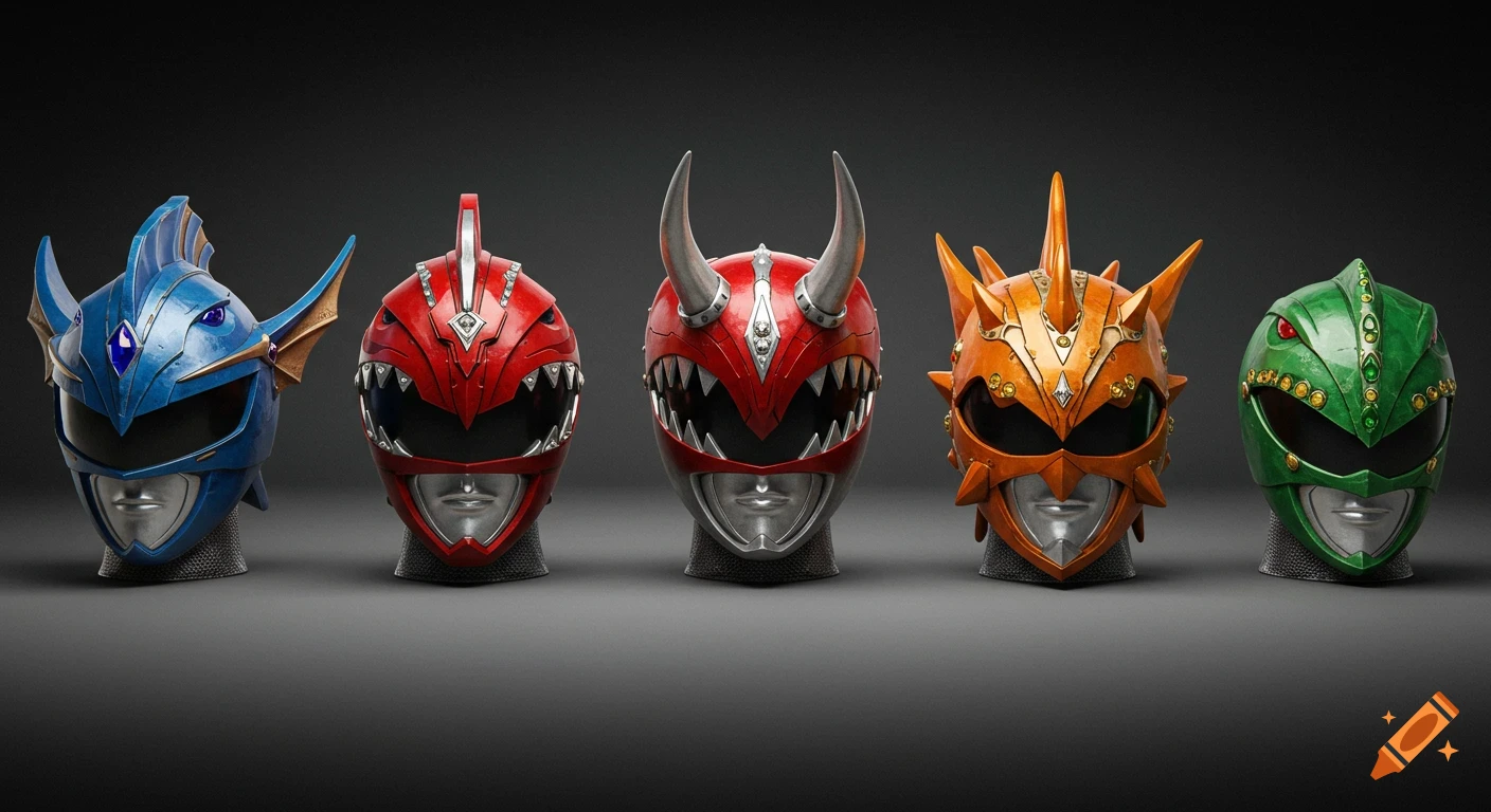 Five detailed medieval-style Power Rangers helmets, resembling different dinosaurs, on a dark background.
