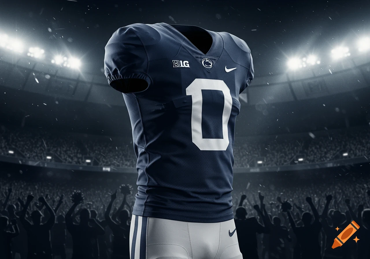 Dark blue Penn State football jersey with number 0, Nike logo, and BIG logo, in a brightly lit stadium with blurred crowd.