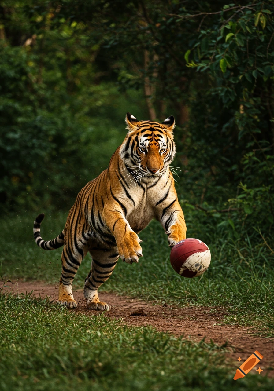 A photorealistic tiger leaps in a lush green forest, playing with a red and white football.