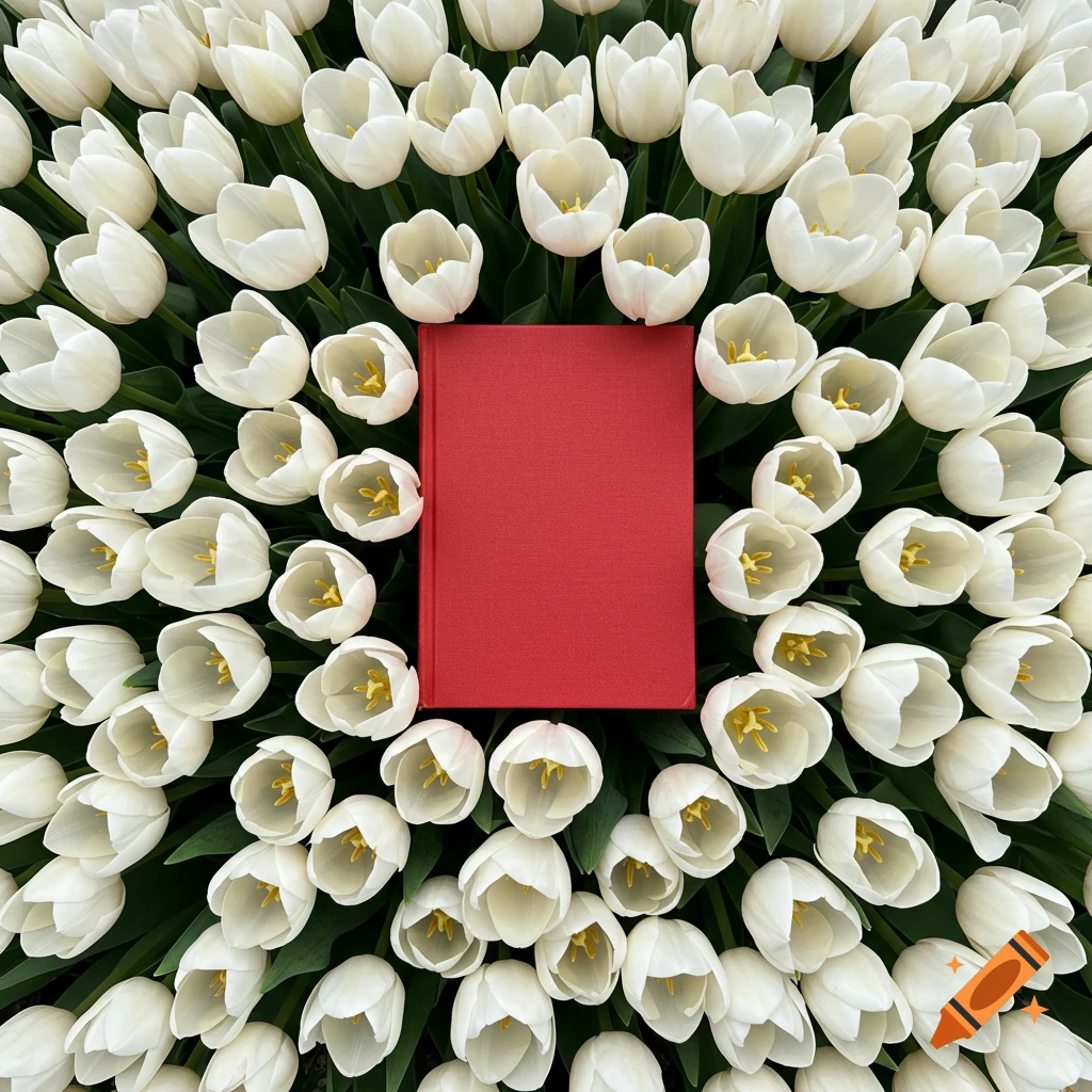 A vibrant red book rests centered on a lush bed of white tulips, viewed from an aerial perspective.