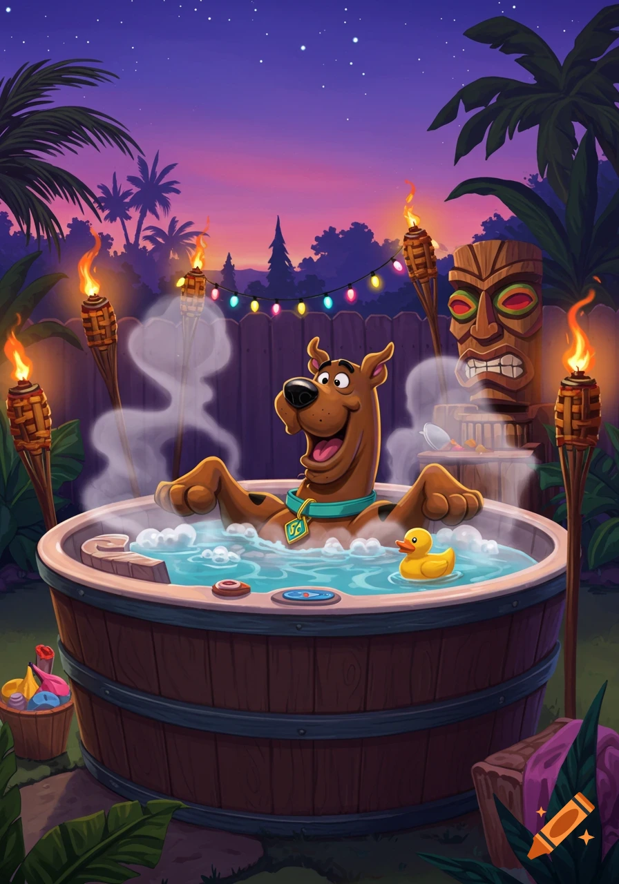 Scooby Doo relaxes in a hot tub outdoors at sunset, surrounded by tiki torches and palm trees in a cartoon style.