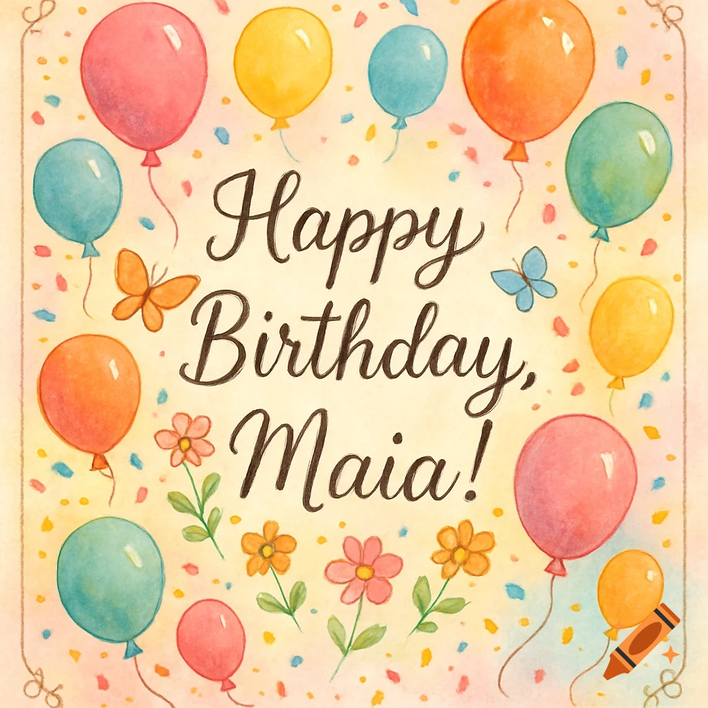 Watercolor birthday card with colorful balloons, flowers, butterflies, and confetti, reading "Happy Birthday, Maia!".