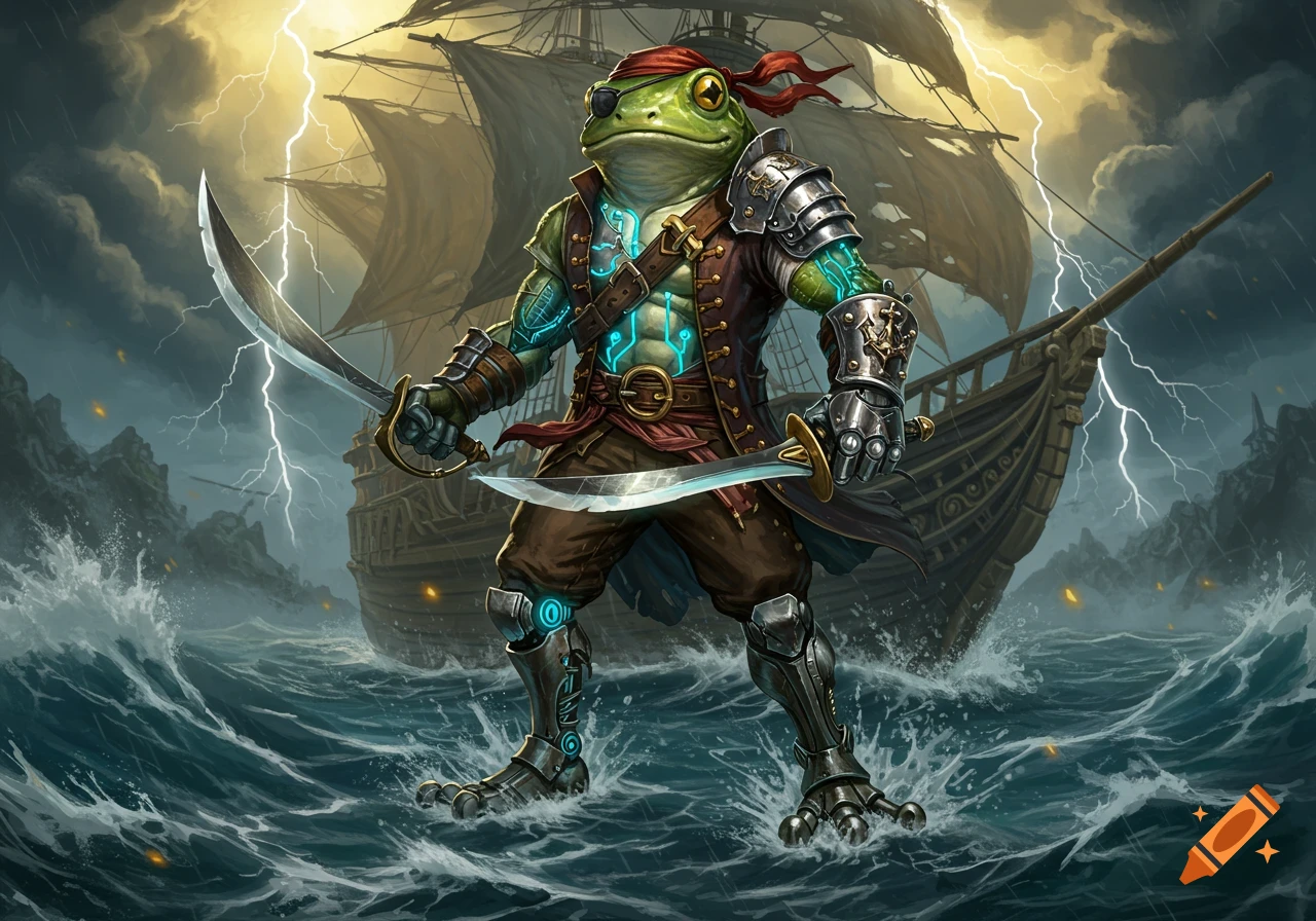 A cyborg pirate frog with glowing circuits stands in stormy seas, holding two cutlasses, with a large sailing ship and lightning behind it.