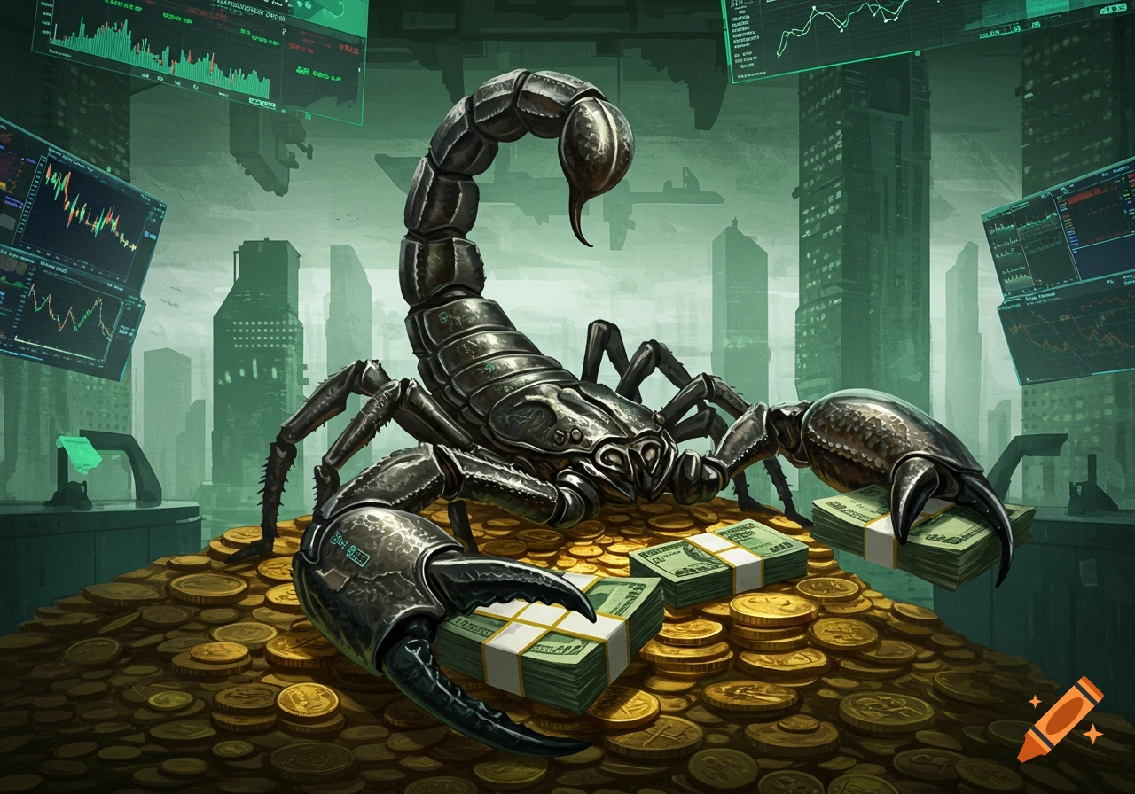 A giant metallic scorpion sits on a mound of gold coins and stacks of money. Skyscrapers and glowing financial charts are visible in the green-hued background.
