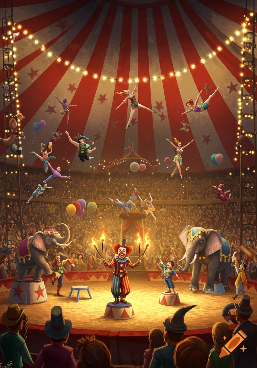 A vibrant circus performance under a big top, with acrobats, a fire-juggling clown, decorated elephants, and a large audience.