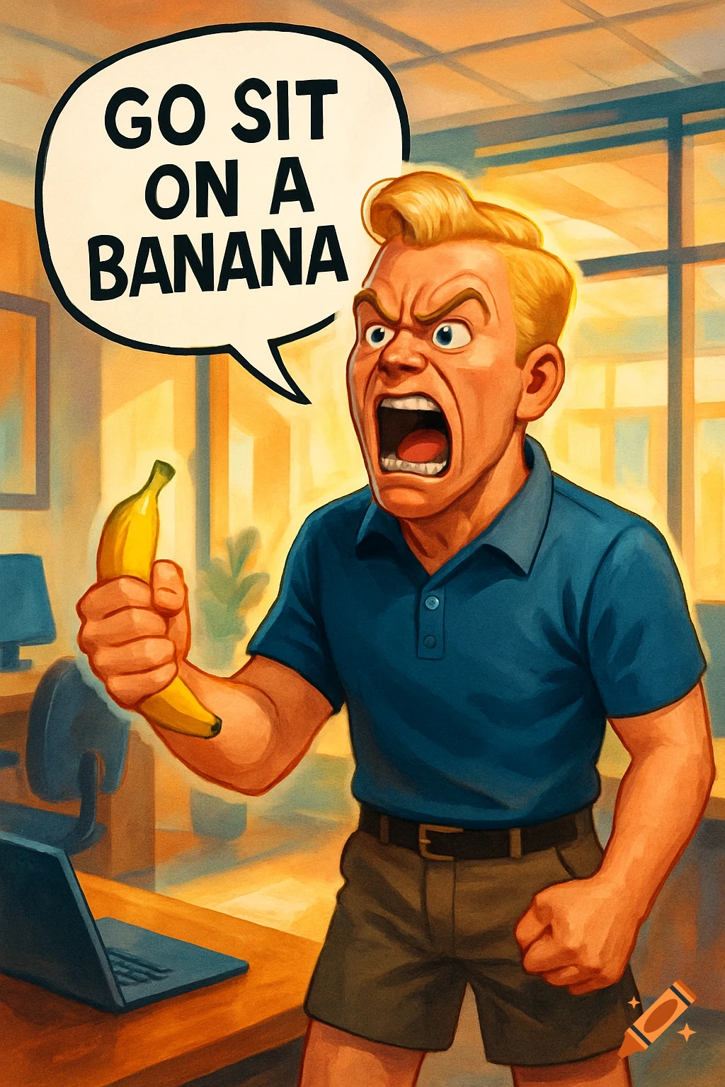 A cartoon illustration of an angry blonde man in an office, screaming 'GO SIT ON A BANANA' from a speech bubble while holding a banana.