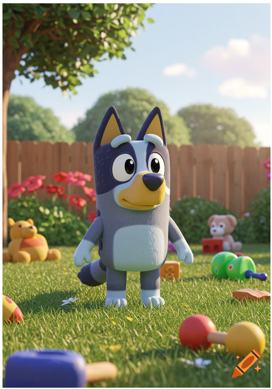Bluey the cartoon dog stands in a sunny backyard with various colorful toys scattered on the grass.