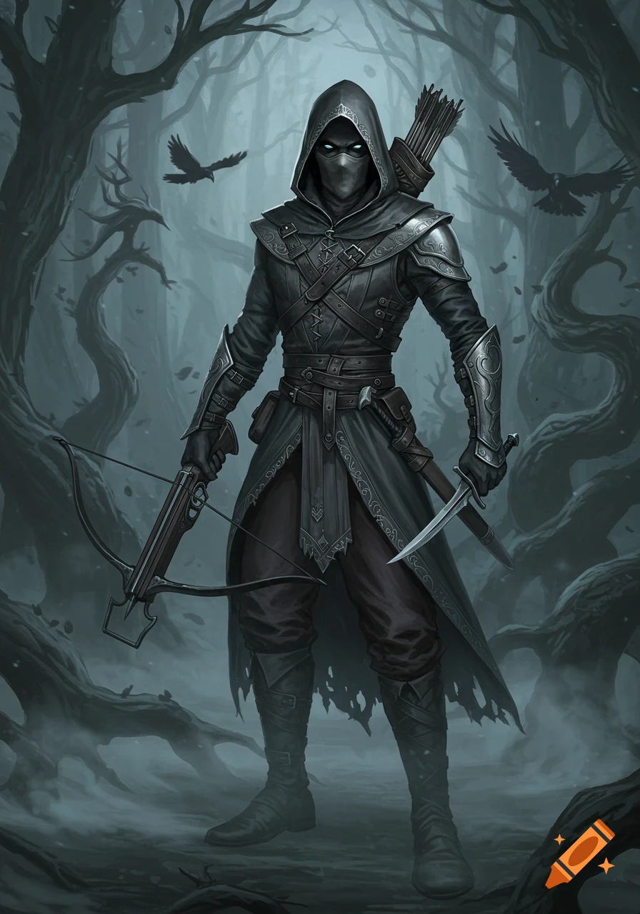A masked fantasy ranger with glowing eyes stands in a dark, misty forest, holding a hand crossbow and dagger. Two ravens fly overhead.