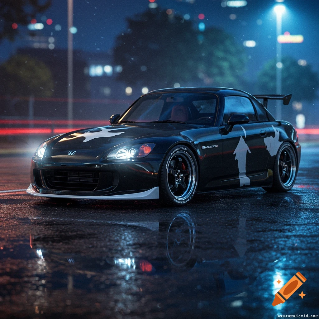 Photorealistic black Honda S2000 with white tuxedo cat pattern, parked on a wet city street at night, illuminated by streetlights.
