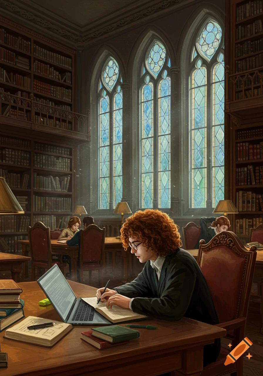 Red-haired student studies at a desk with a laptop and books in a grand library with large stained-glass windows.