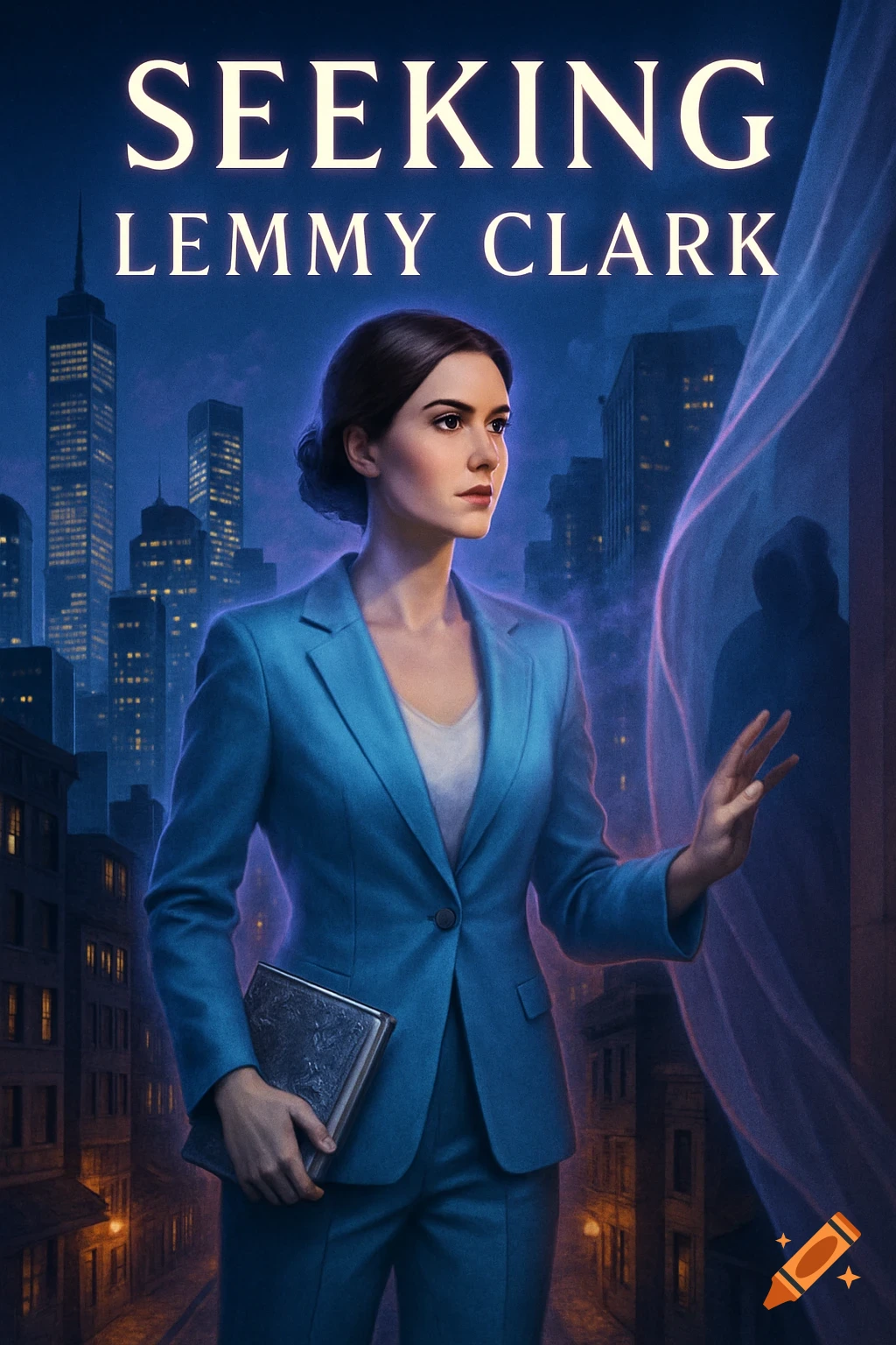 A woman in a blue suit holds a book, standing in a glowing city at night with mysterious purple tendrils and text 'SEEKING LEMMY CLARK'.