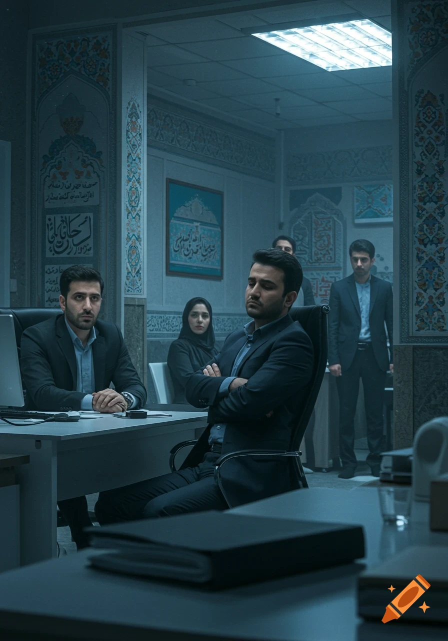 Men and a woman in an office with culturally decorated walls, two men sit at a desk while others stand in the background, a man at the desk has his arms crossed and looks sulking.
