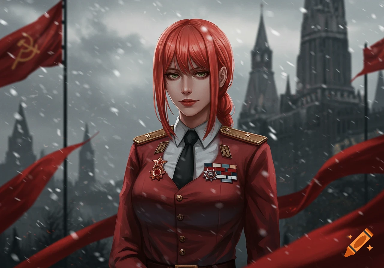 An anime-style woman with red hair in a Soviet military uniform stands in the snow, with red flags and imposing buildings in the background.