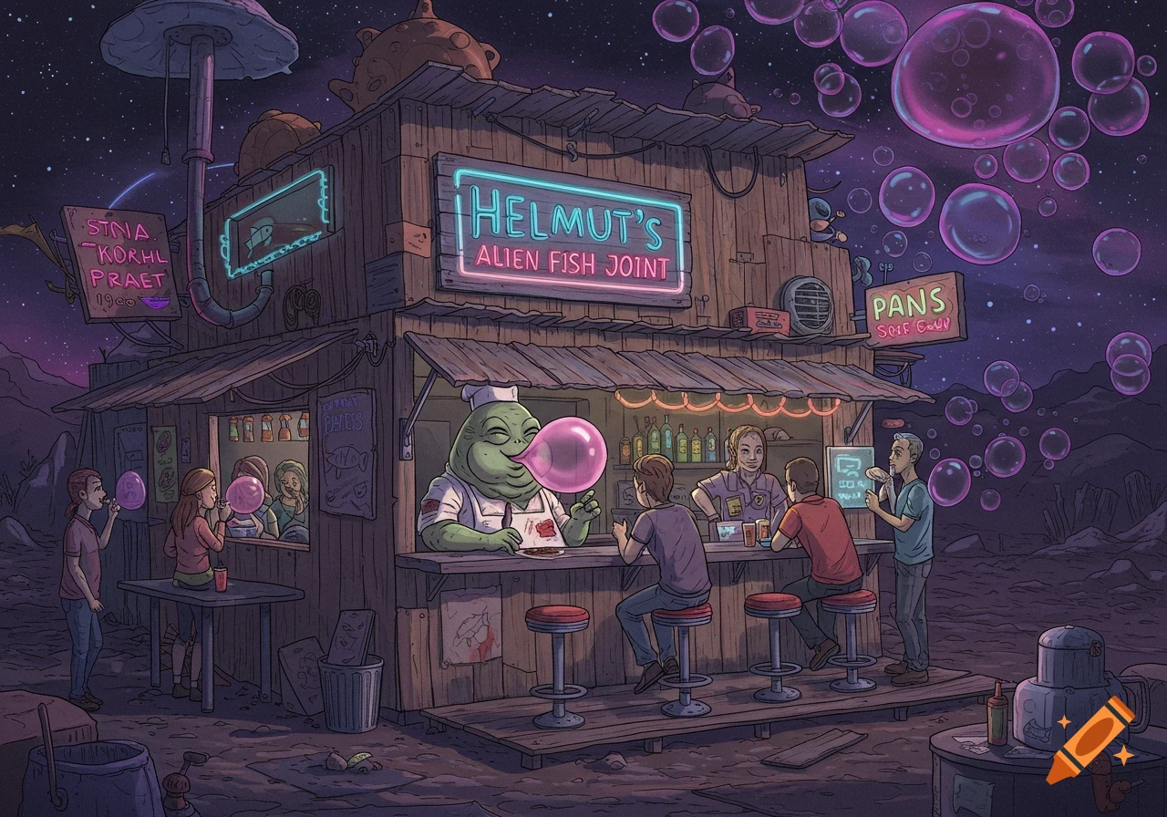An alien chef blows bubblegum while serving customers at Helmut's Alien Fish Joint, an outdoor shack under a starry purple sky with floating bubbles.