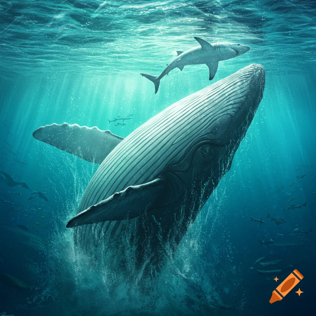 A majestic whale breaches from the deep blue ocean, creating splashes, while a shark swims overhead.