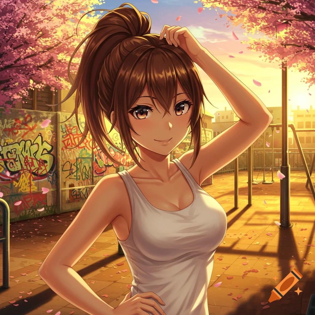 Anime girl with a brown ponytail in a white tank top, standing in an urban park with cherry blossoms and colorful graffiti on a wall.