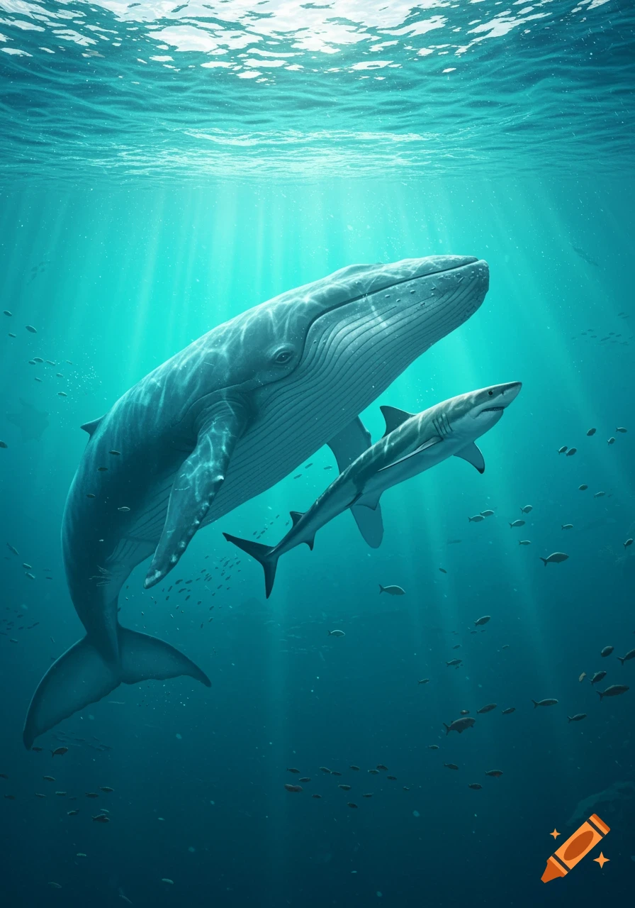 A large blue whale and a shark swim together in clear, sunlit turquoise ocean water amidst schools of fish.