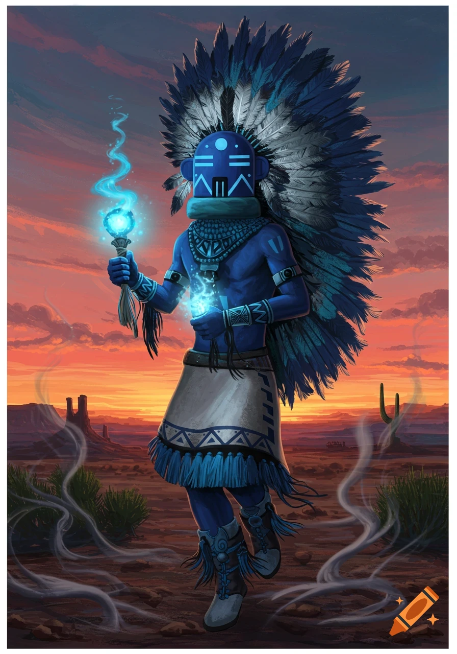 A blue kachina-like figure with a large feathered headdress and glowing staff stands in a desert at sunset.