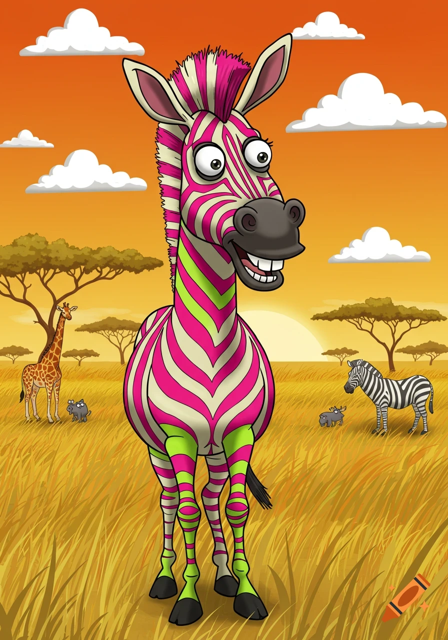 A colorful cartoon zebra with pink and green stripes smiles in a savanna at sunset, with a giraffe and hippos in the background.