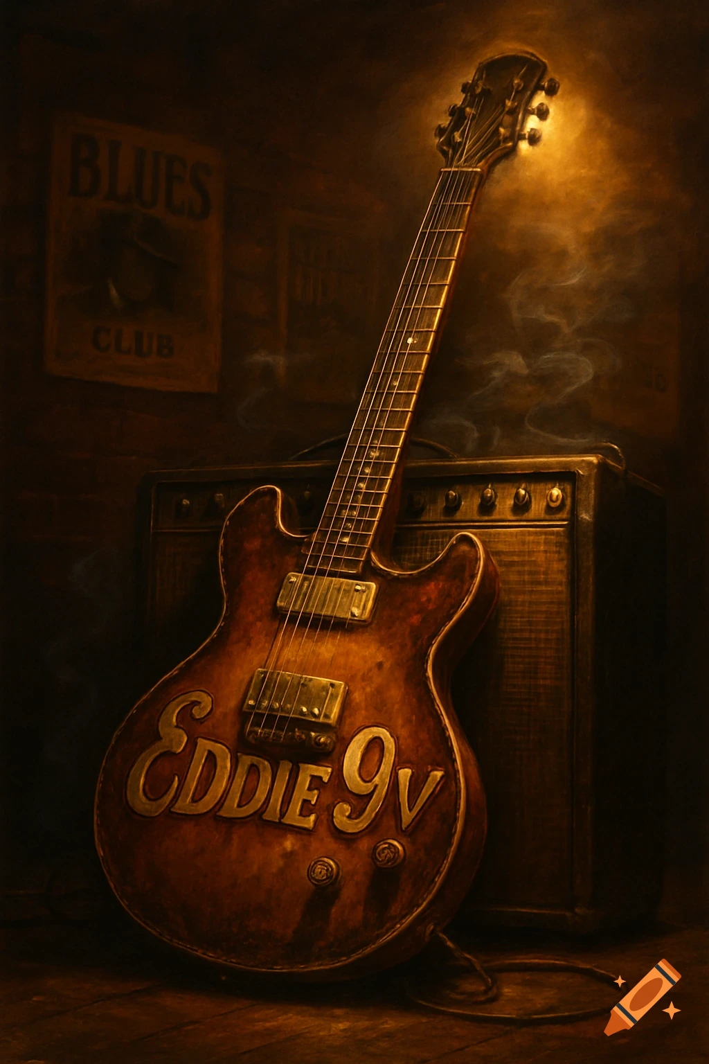 Dark, painterly image of an electric guitar with 'EDDIE 9V' on its body, leaning against an amplifier, with a 'BLUES CLUB' poster.