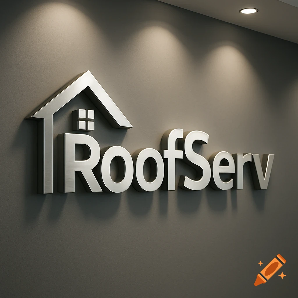 Silver dimensional 'RoofServ' logo with a house symbol on a grey office wall, lit by spotlights.
