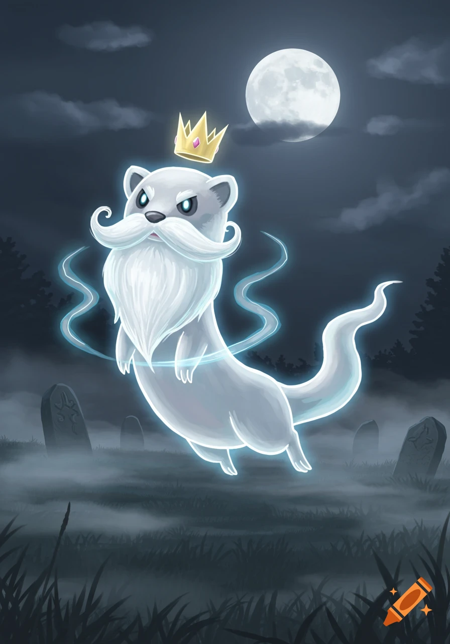 A cartoon spectral weasel with a long white beard, mustache, and golden crown floats in a misty graveyard under a full moon.