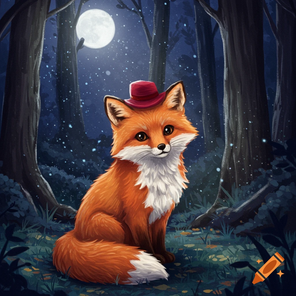 A cute, illustrated fox wearing a red hat sits in a dark forest at night under a full moon.