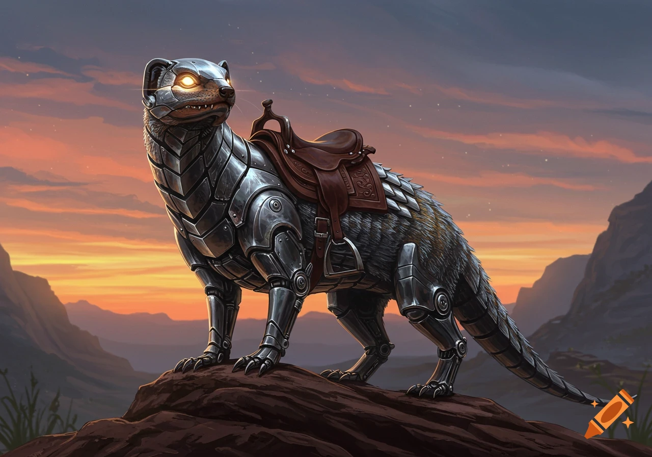 A metallic mongoose with glowing eyes, armor, and a saddle, stands on a rocky hill against a sunset sky with mountains in the background.