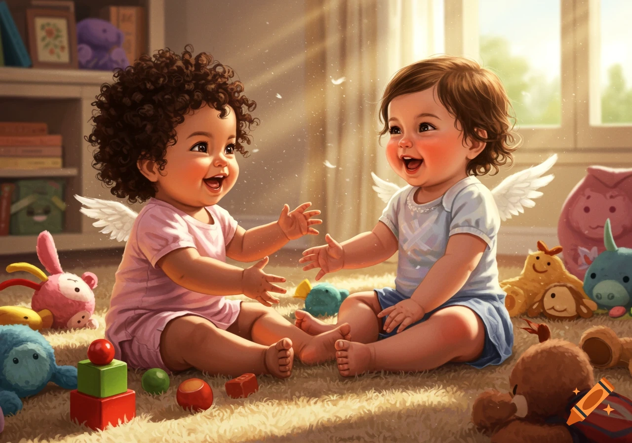 Two happy babies with small angel wings play with toys on a rug in a sunlit room, photorealistic style.