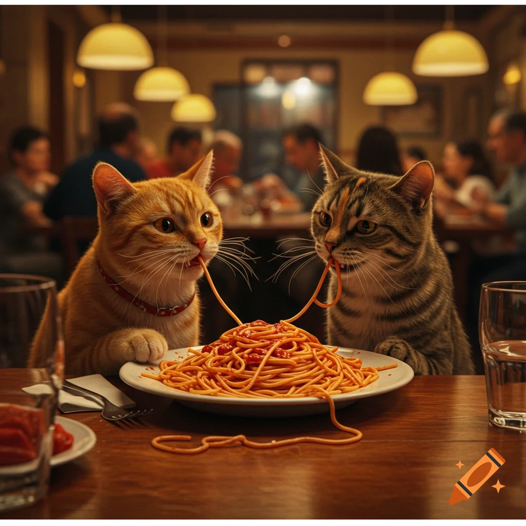 Two photorealistic cats, an orange tabby and a grey tabby, messily share a plate of spaghetti in a lively Italian restaurant.