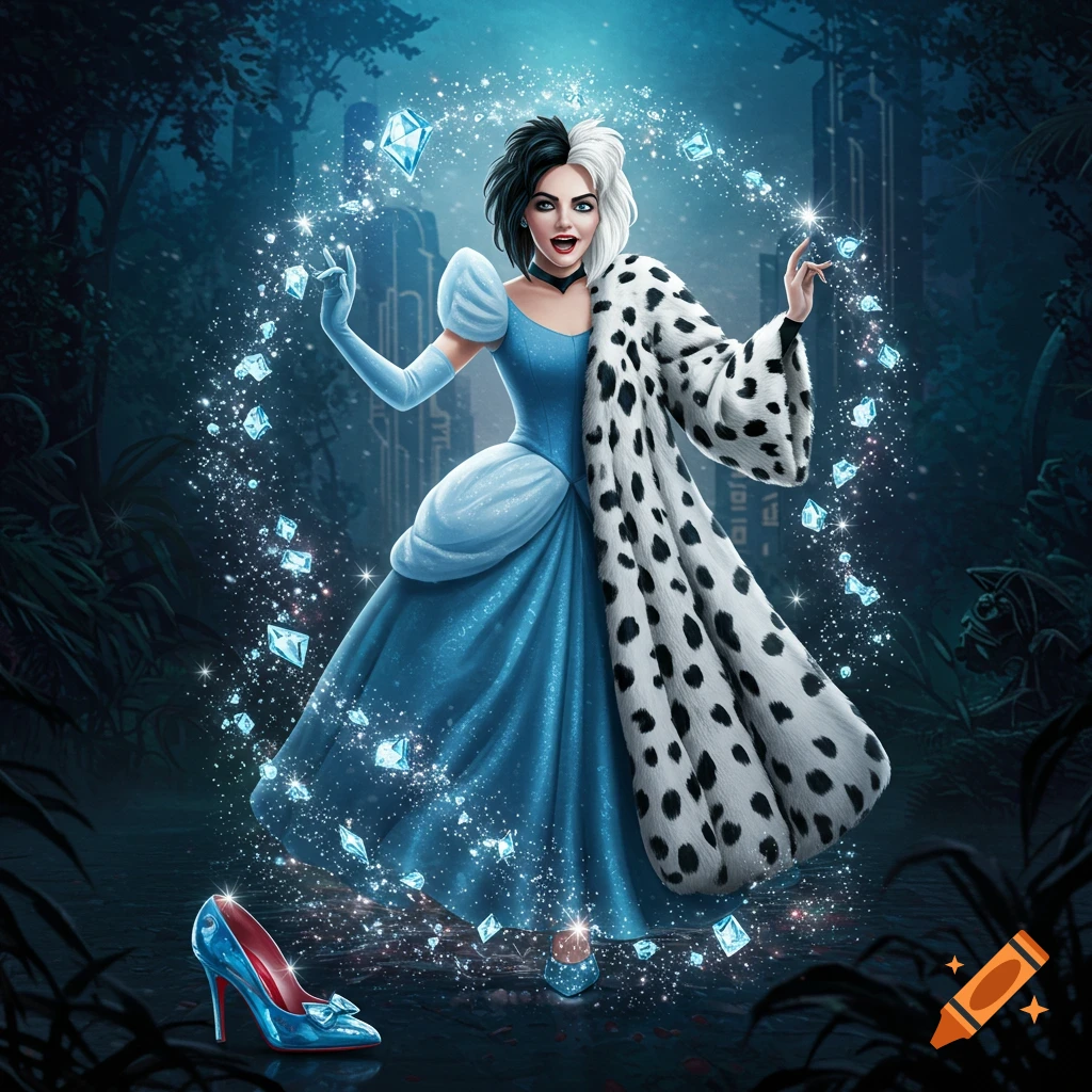 Cinderella transforming into Cruella de Vil in a dark, magical forest with sparkling diamonds and a glass slipper.