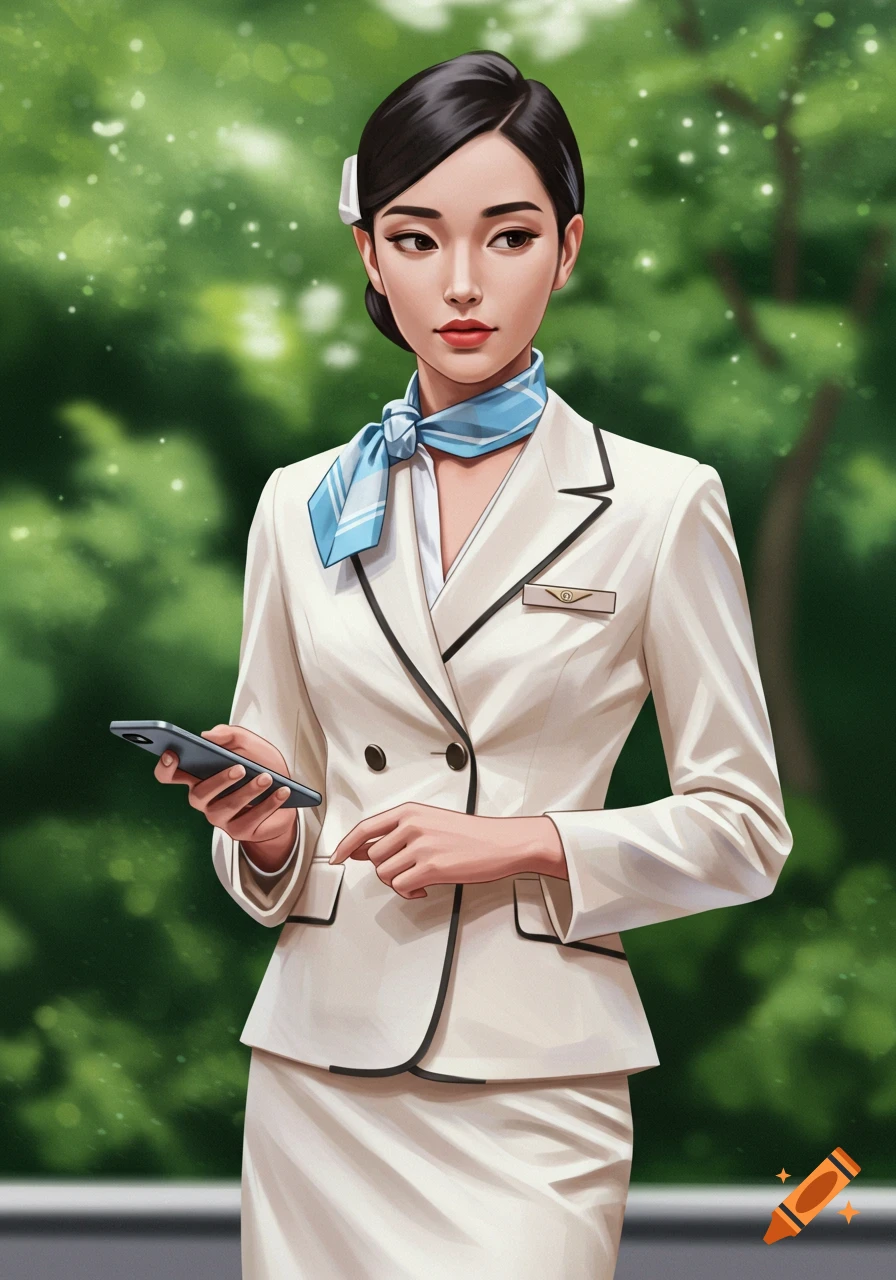 Illustrated woman in a white flight attendant uniform and blue scarf, holding a phone against a blurred green background.