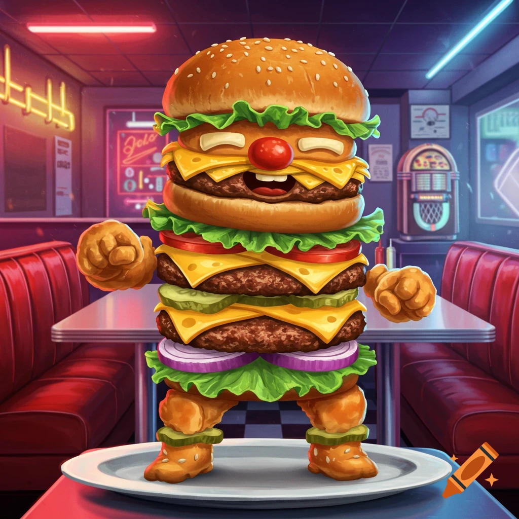 A cartoonish, multi-patty hamburger character with a clown nose and small legs stands on a plate in a retro diner.