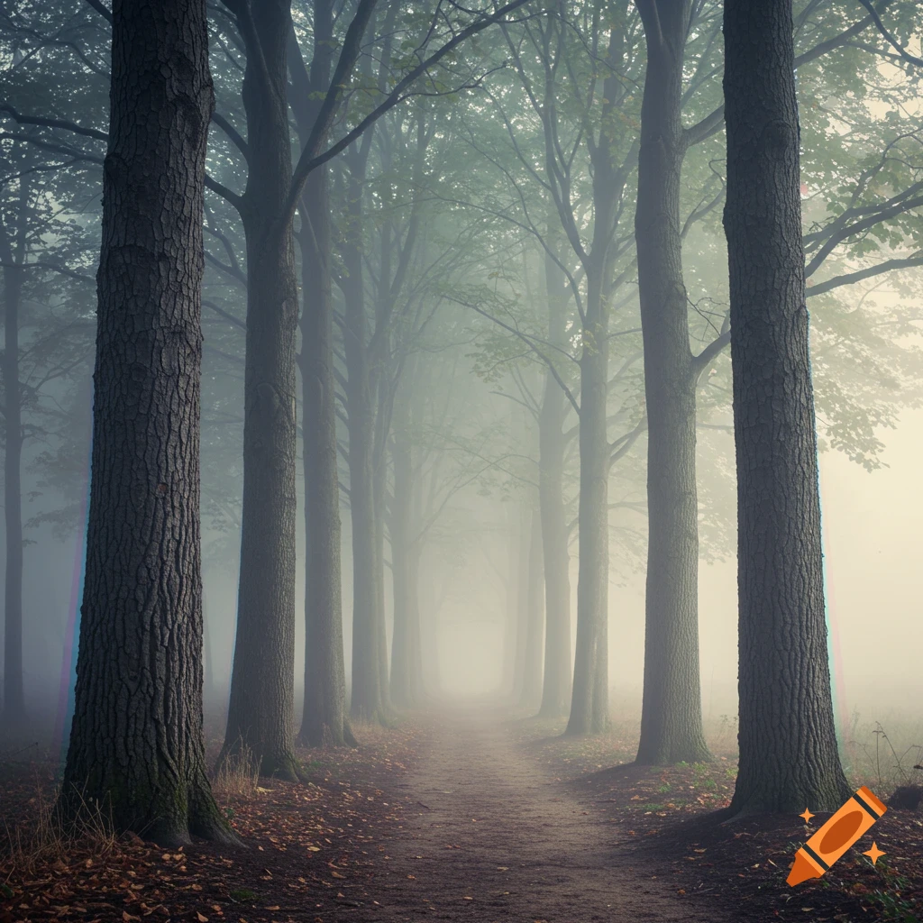 A foggy forest path lined with tall trees, extending into a hazy distance with chromatic aberration.