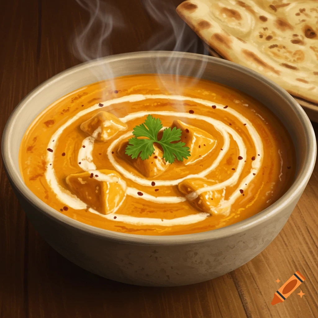 A steaming bowl of butter chicken garnished with cream swirls and cilantro, served with naan bread on a wooden table.