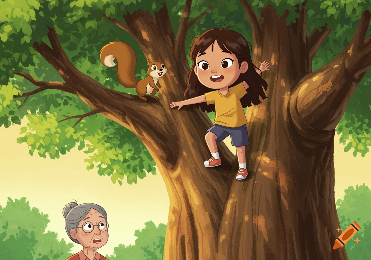 A cartoon girl climbs an oak tree with a squirrel nearby, while a worried grandma looks up from below.