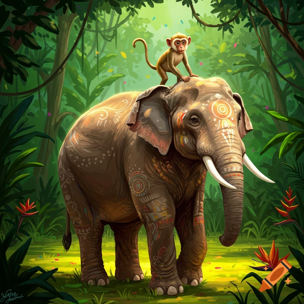 A vibrant illustration of a monkey riding on the back of a large elephant in a lush jungle.