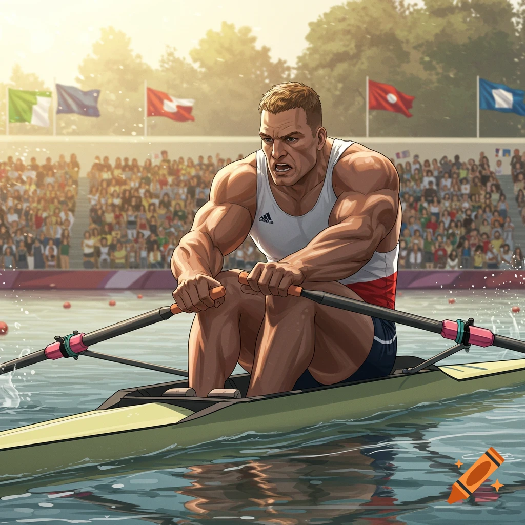 Muscular male rower intensely pulls oars in a competition. Spectators and flags fill the sunlit stadium background. Illustration style.