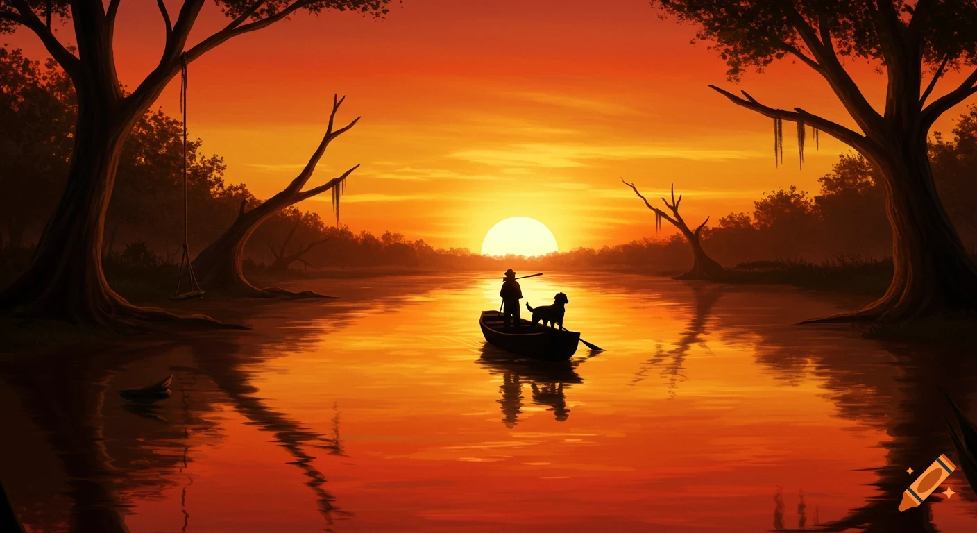 Silhouette of a person and a dog in a boat on a river at sunset, framed by trees, in an illustrative style.
